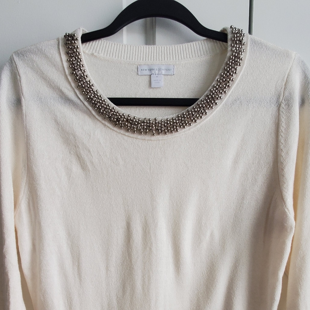 Scoop neck jeweled collar sweater